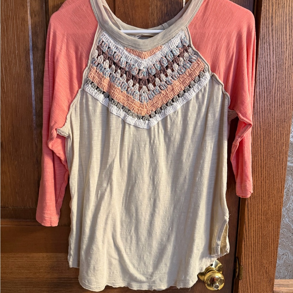 We The Free Coral and Beige Crochet Long Sleeve Top